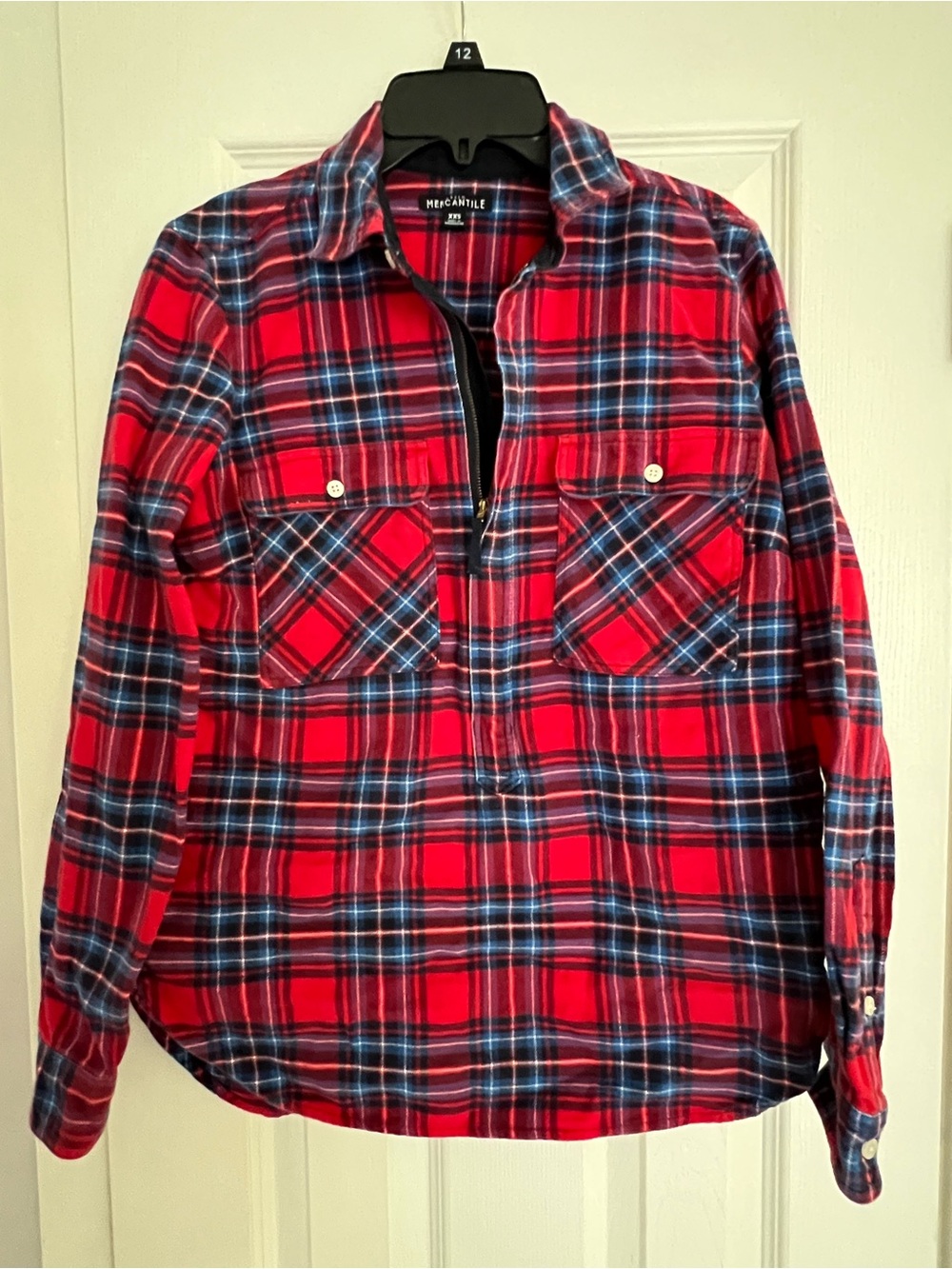 J.Crew Mercantile Women XXS Red Blue Plaid Flannel 1/2 Zip Shirt Jacket Shacket